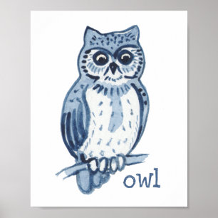 Schattige Blauwe Uil Waterverf Dier Natuur Wilde D Poster