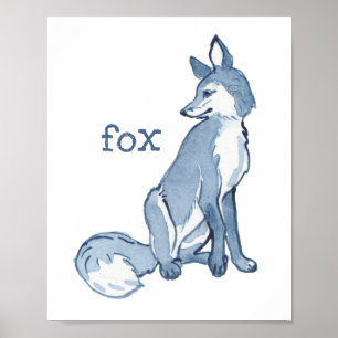 Schattige Blauwe Vos Waterverf Dier Natuur Wilde D Poster