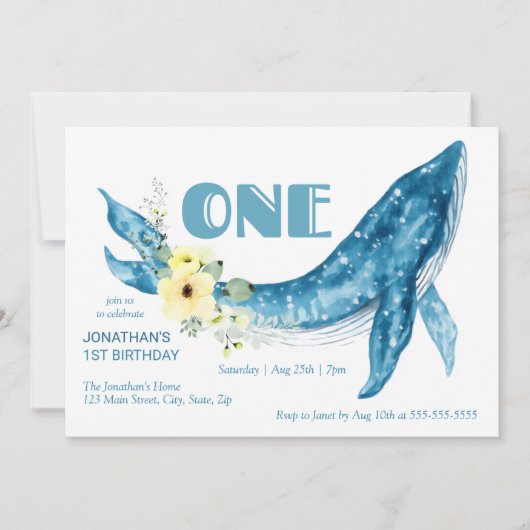 Schattige Blauwe Walvis Geel Bloemen 1e Verjaardag Kaart (Voorkant)