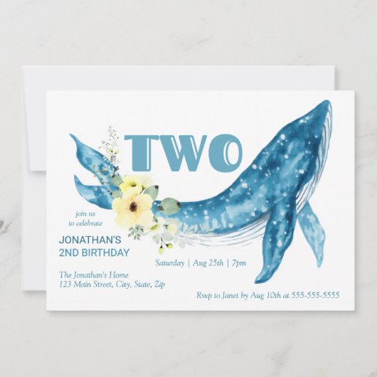 Schattige Blauwe Walvis Geel Bloemen 2e Verjaardag Kaart (Voorkant)