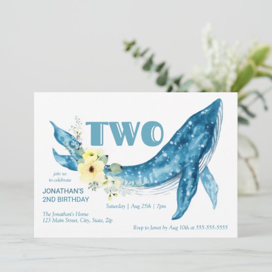Schattige Blauwe Walvis Geel Bloemen 2e Verjaardag Kaart (Staand voorkant)