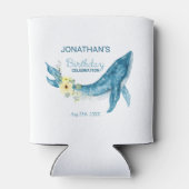 Schattige Blauwe Walvis Geel Bloemen Verjaardagsfe Blikjeskoeler (Achterkant)