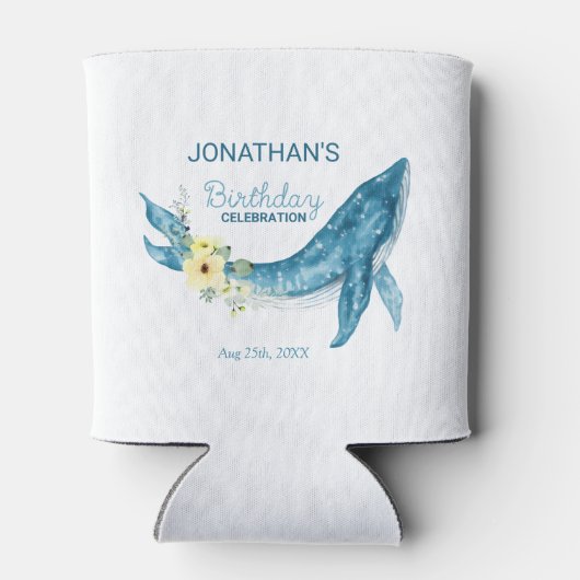 Schattige Blauwe Walvis Geel Bloemen Verjaardagsfe Blikjeskoeler (Achterkant)