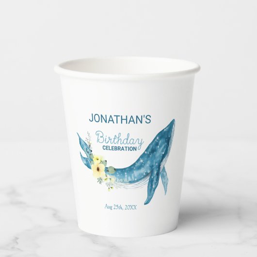Schattige Blauwe Walvis Geel Bloemen Verjaardagsfe Papieren Bekers (Voorkant)
