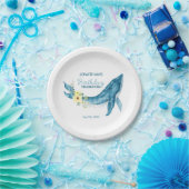 Schattige Blauwe Walvis Geel Bloemen Verjaardagsfe Papieren Bordje (Feest)