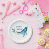 Schattige Blauwe Walvis Geel Bloemen Verjaardagsfe Papieren Bordje (Feest)