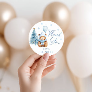 Schattige Blauwe Winter Teddybeer Babyshower Bedan Ronde Sticker
