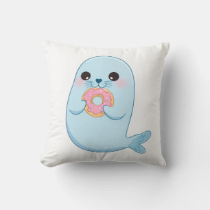 Schattige Blauwe Zeehond met Donut Kussen – Kawaii