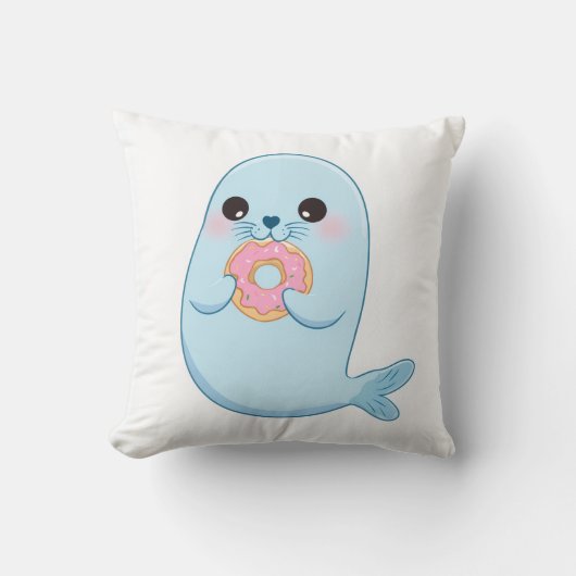 Schattige Blauwe Zeehond met Donut Kussen – Kawaii (Voorkant)