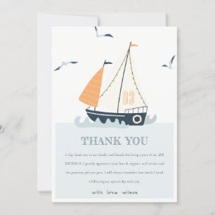 Schattige Blauwe Zeevaart Zeilboot Pastel Kinderen Bedankkaart