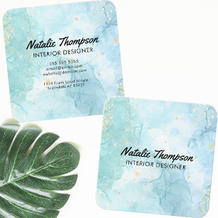 Schattige Blauwgroen Blauw Goud Glitter Waterverf  Vierkante Visitekaartje