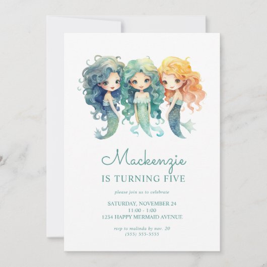 Schattige Blauwgroen Zeemeermin Verjaardagsfeest Kaart (Voorkant)