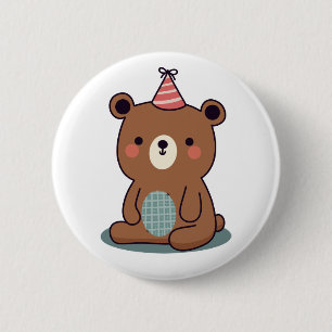 Schattige blije bruine feestbeer ronde button 5,7 cm