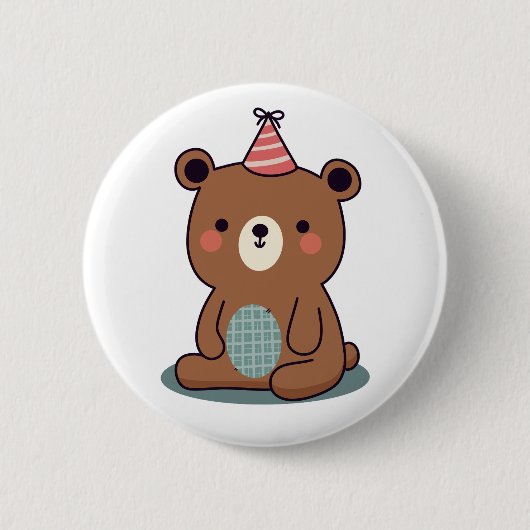Schattige blije bruine feestbeer ronde button 5,7 cm (Voorkant)