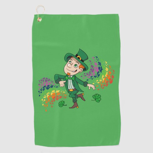 Schattige blije lachende dansende kabouter, een re golfhanddoek (Voorkant)