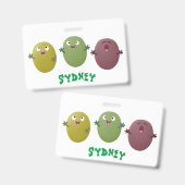 Schattige blije olijven zingende cartoon badge (Voor- en achterkant)