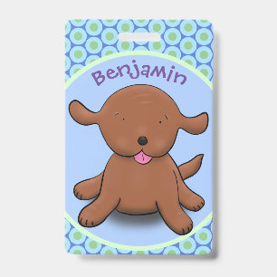Schattige blije puppy hond blauwe cartoon illustra badge
