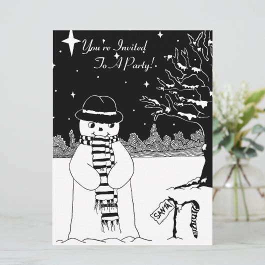 Schattige blije sneeuwman zwart-wit kerst kaart (Staand voorkant)