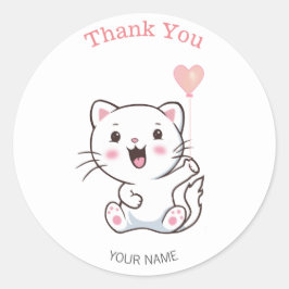 Schattige blije witte kat met hartballon bedankt  ronde sticker