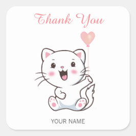 Schattige blije witte kat met hartballon bedankt vierkante sticker