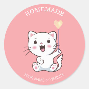 Schattige blije witte kat met hartballon zelfgemaa ronde sticker