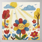 Schattige Bloem In De Zon Kleurpotlood Tekening Ki Poster (Voorkant)