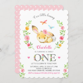 Schattige Bloemen Bunny Meisje 1e Eerste Verjaarda Kaart