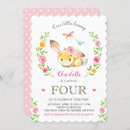 Schattige Bloemen Bunny Meisje 4e Vierde 4 Verjaar Kaart