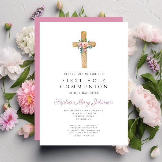 Schattige Bloemen Cross Meisje Eerste Communie Kaart