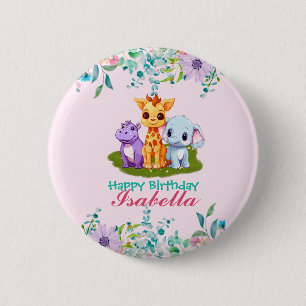 Schattige Bloemen Hippo safari oerwoud Dieren Verj Ronde Button 5,7 Cm
