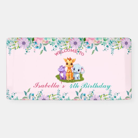 Schattige Bloemen Hippo safari oerwoud Dieren Verj Spandoek (Horizontaal)