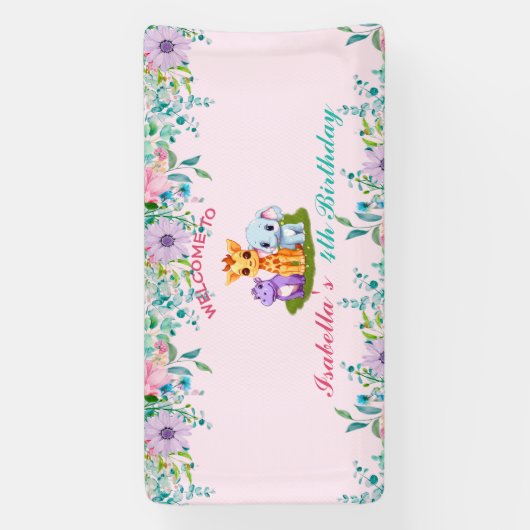 Schattige Bloemen Hippo safari oerwoud Dieren Verj Spandoek (Verticaal)