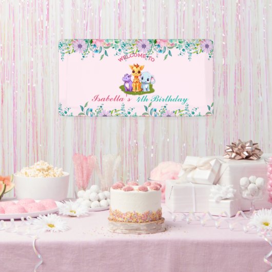 Schattige Bloemen Hippo safari oerwoud Dieren Verj Spandoek (Feest)