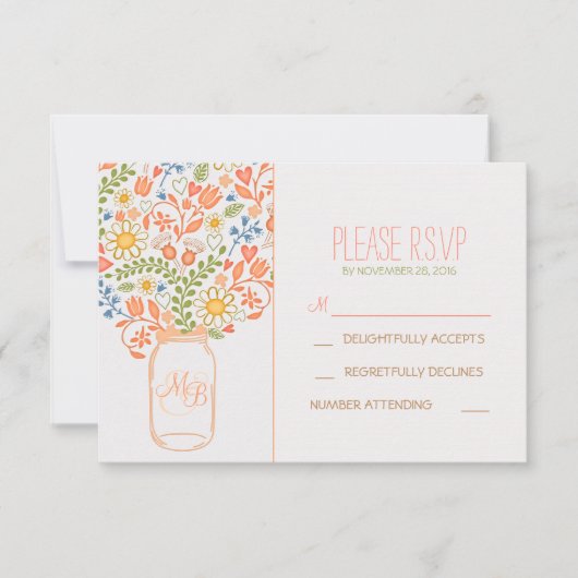 schattige bloemen metselaar pot bruiloft RSVP kaar (Voorkant)
