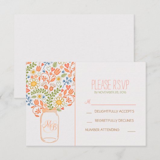 schattige bloemen metselaar pot bruiloft RSVP kaar (Voorkant / Achterkant)