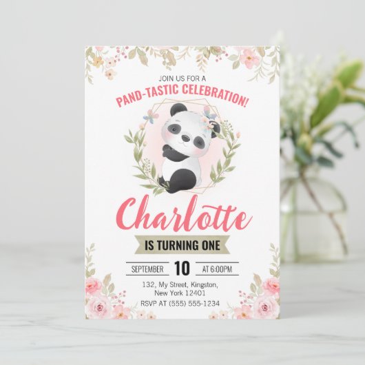 Schattige Bloemen Panda Beer Verjaardagsfeest Kaart (Staand voorkant)