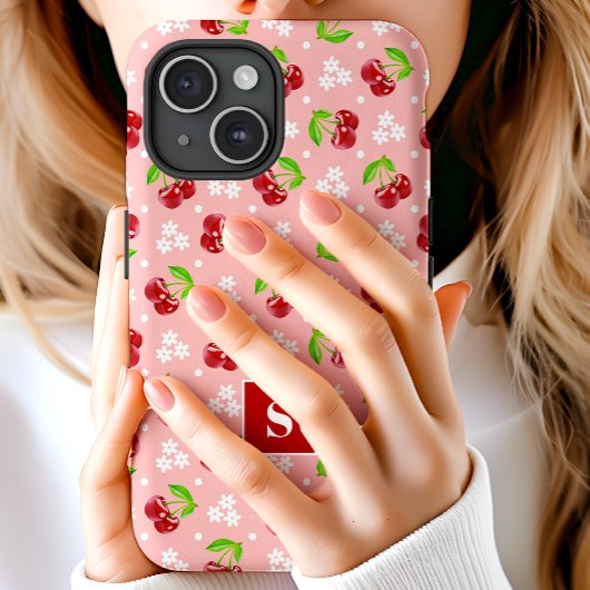 Schattige Bloemen Polka Dot Kersen Roze Monogram Case-Mate iPhone Case