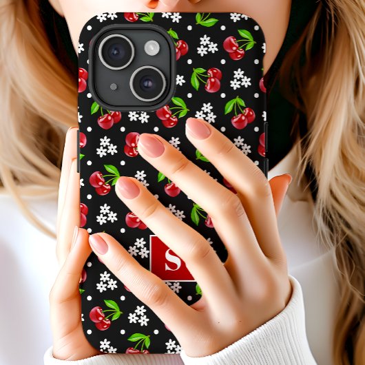Schattige Bloemen Polka Dot Kersen Zwart Monogram Case-Mate iPhone Case