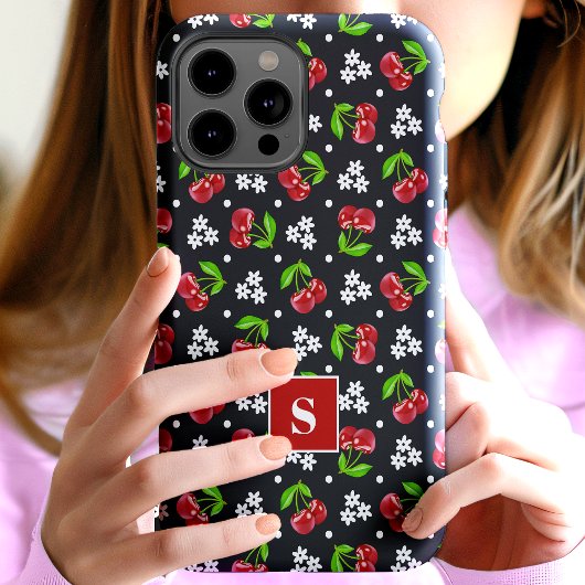 Schattige Bloemen Polka Dot Kersen Zwart Monogram Case-Mate iPhone Case