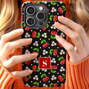 Schattige Bloemen Polka Dot Kersen Zwart Monogram iPhone 15 Case