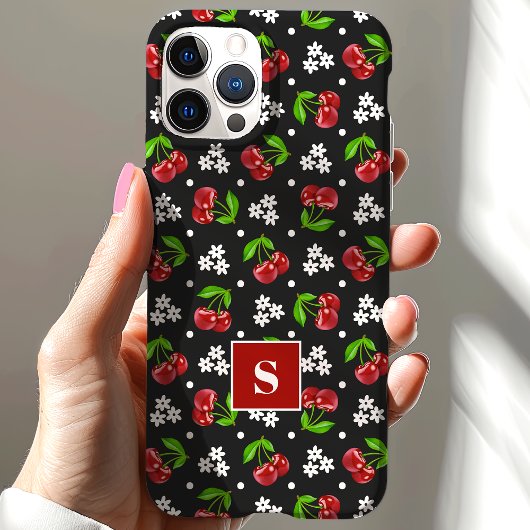 Schattige Bloemen Polka Dot Kersen Zwart Monogram Case-Mate iPhone Case