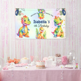 Schattige Bloemen Regenboog Dinosaur Happy Birthda Spandoek