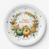 Schattige Bloemen Sinaasappel Groene Pompoenen Bab Papieren Bordje (Voorkant)