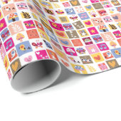 schattige bloemen, vogels, harten vierkanten patro cadeaupapier (Rol Hoek)