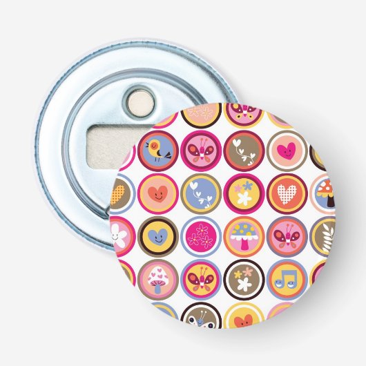 schattige bloemen, vogels, hartenpatroon button flesopener (Voorkant)