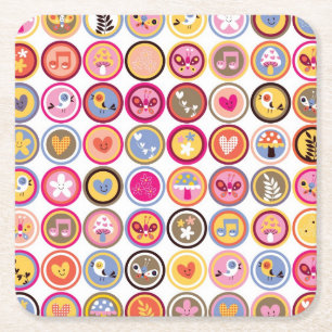 schattige bloemen, vogels, hartenpatroon kartonnen onderzetters