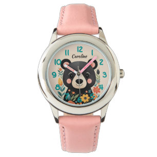Schattige Bloemen Zwart Beer Kinder Horloge