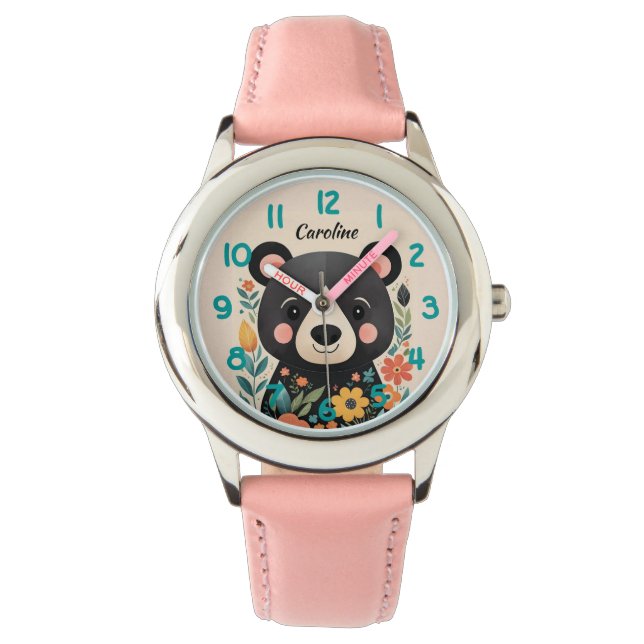 Schattige Bloemen Zwart Beer Kinder Horloge (Voorkant)