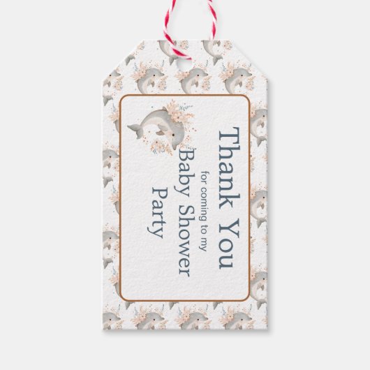 Schattige bloemendolfijn baby shower cadeaulabel (Voorkant)
