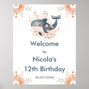 Schattige bloemengestalte walvis verjaardagsfeest poster